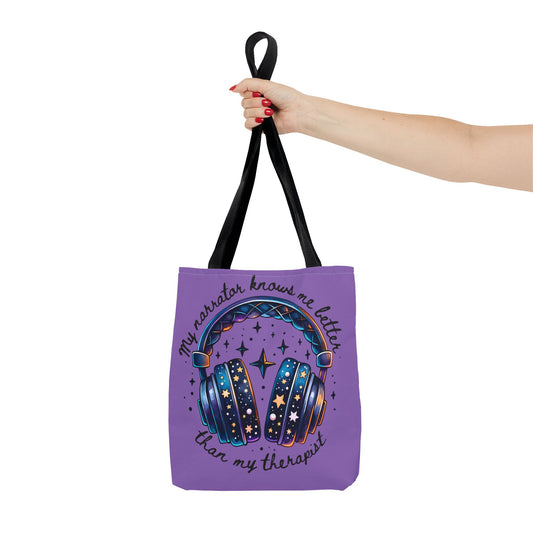 Galaxy Headphones Tote Bag — "My Narrator Knows Me Better Than My Therapist" Book Lover Tote