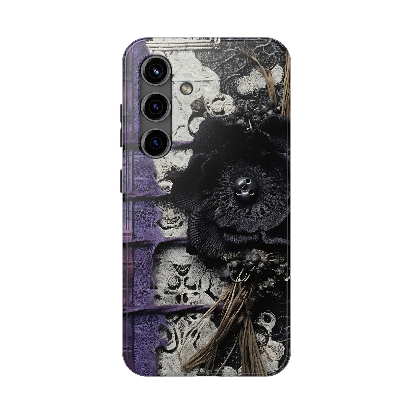 Gothic Skull Floral Tough Phone Case – Black Flower & Purple Accent Protective Cover
