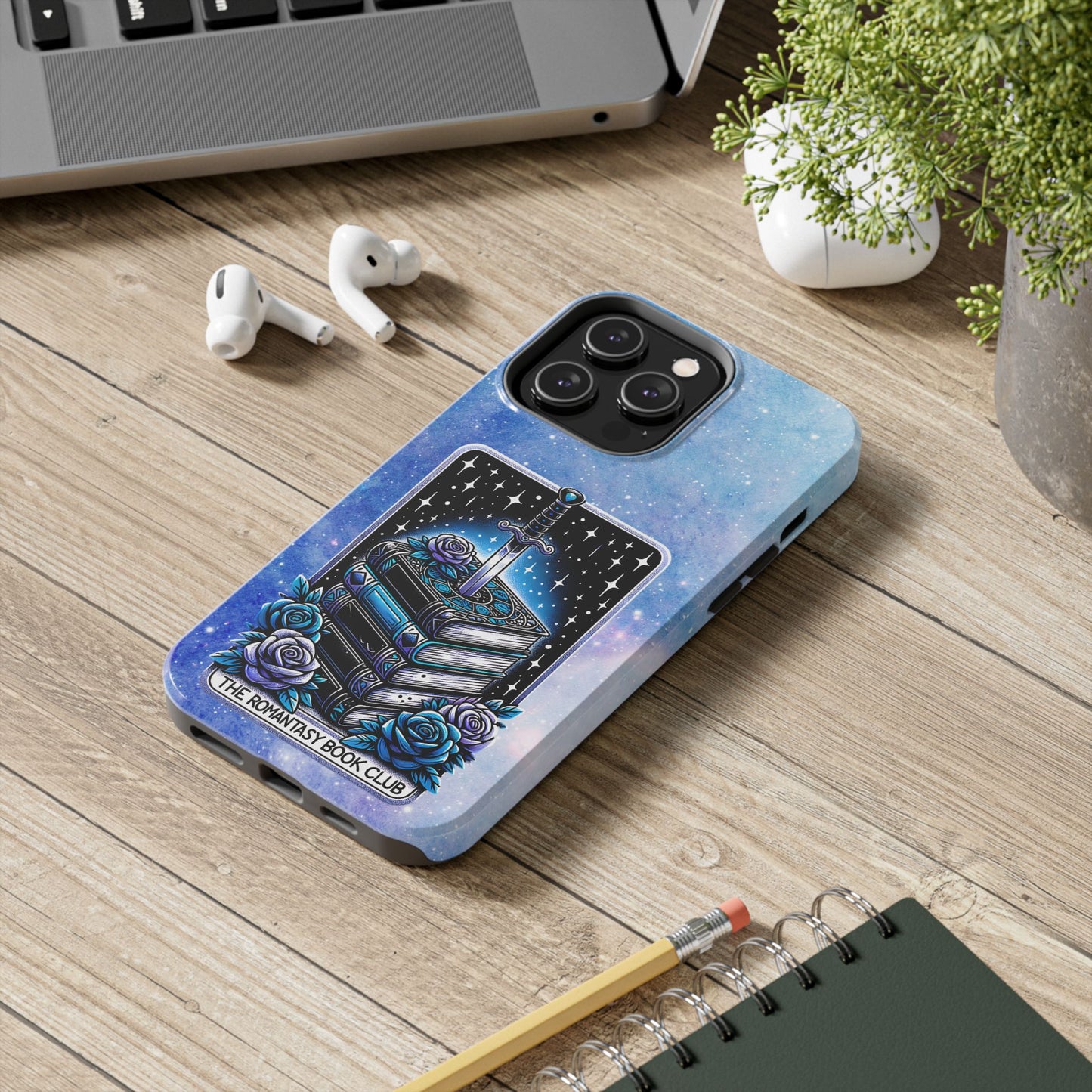 Fantasy Book Club Tough Phone Case — Sword & Stacked Books Design