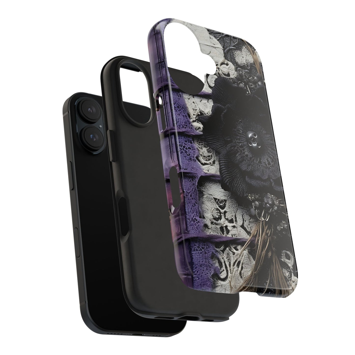 Gothic Skull Floral Tough Phone Case – Black Flower & Purple Accent Protective Cover