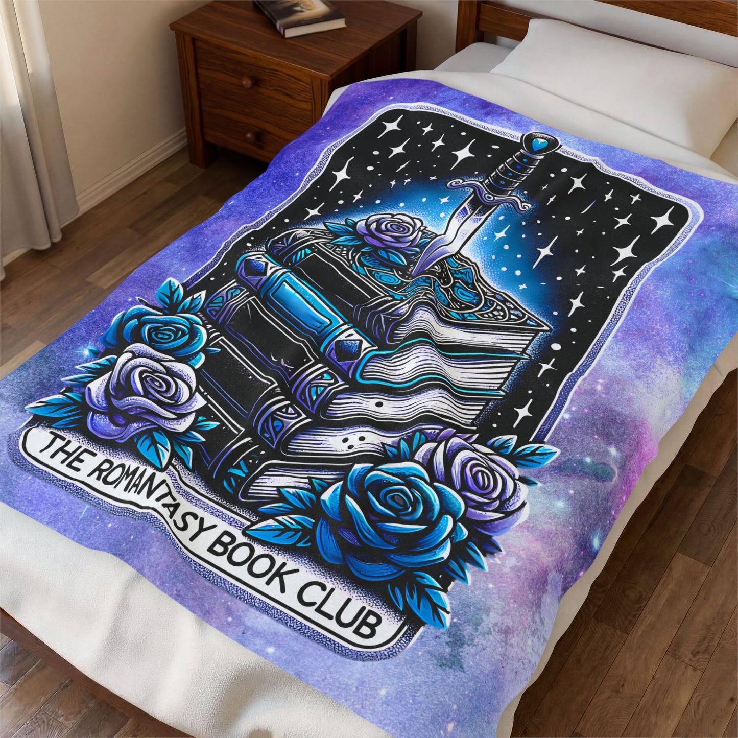Romantasy Book Club Velveteen Plush Blanket — Fantasy Books & Sword Design