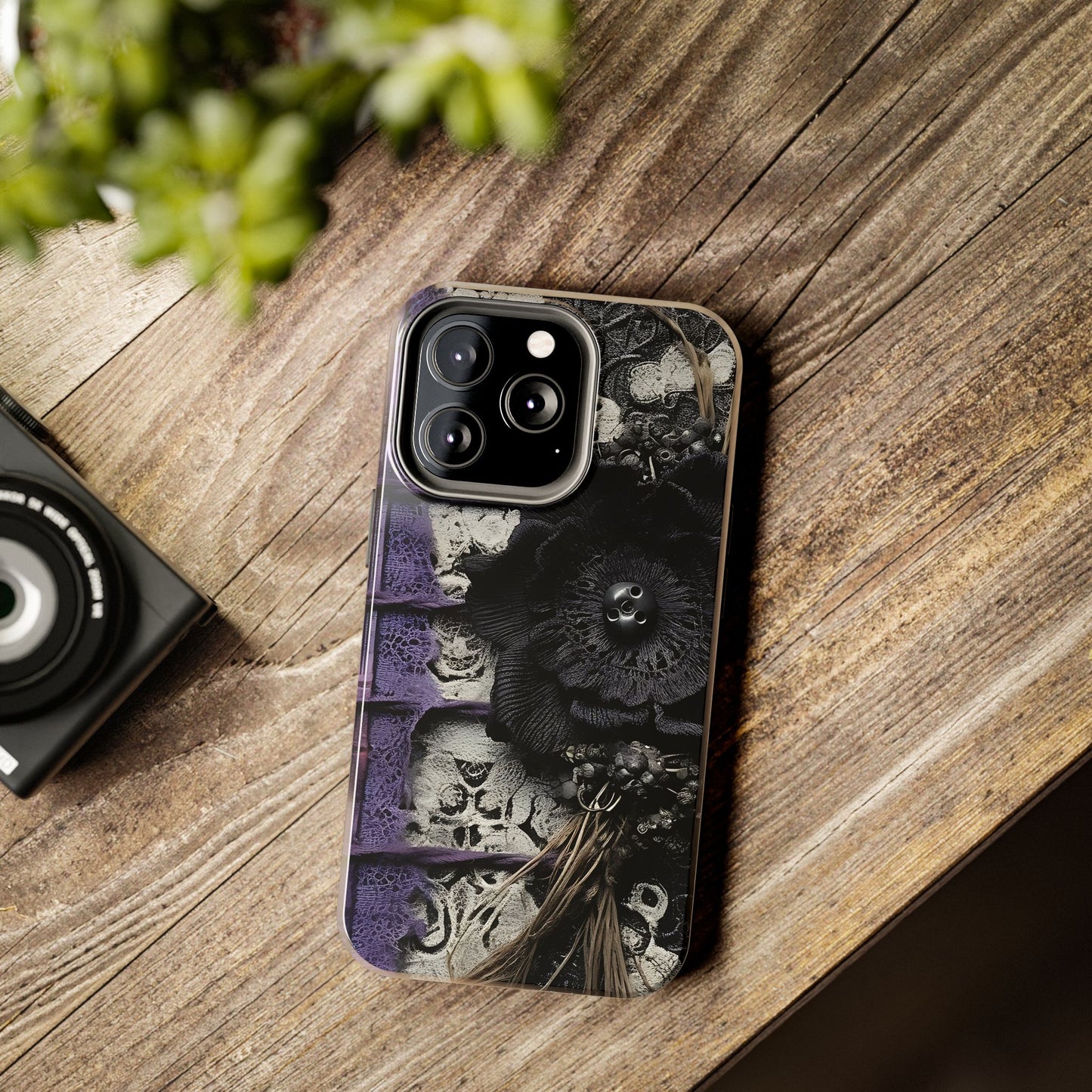 Gothic Skull Floral Tough Phone Case – Black Flower & Purple Accent Protective Cover