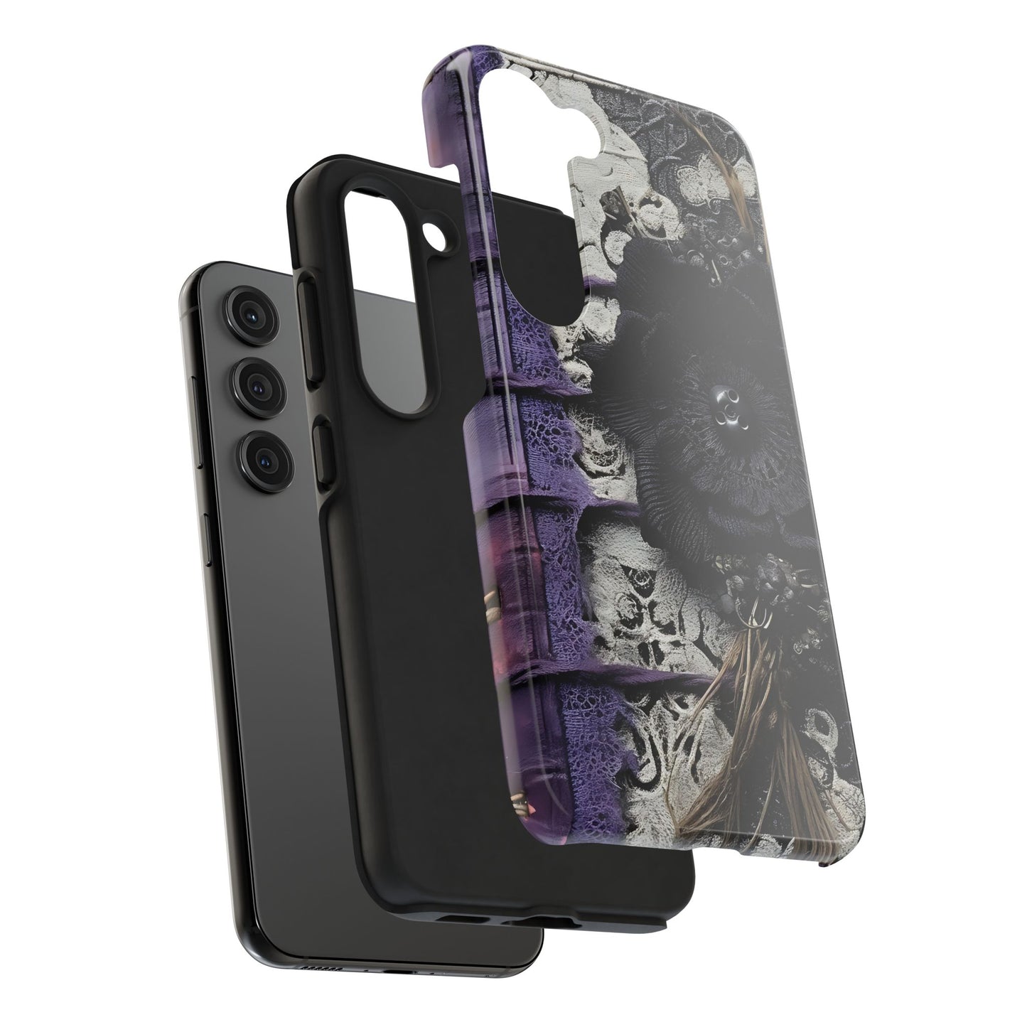 Gothic Skull Floral Tough Phone Case – Black Flower & Purple Accent Protective Cover