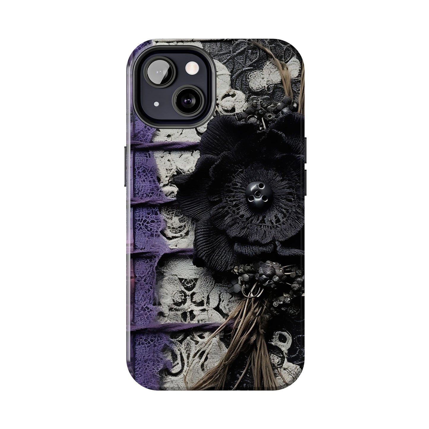 Gothic Skull Floral Tough Phone Case – Black Flower & Purple Accent Protective Cover