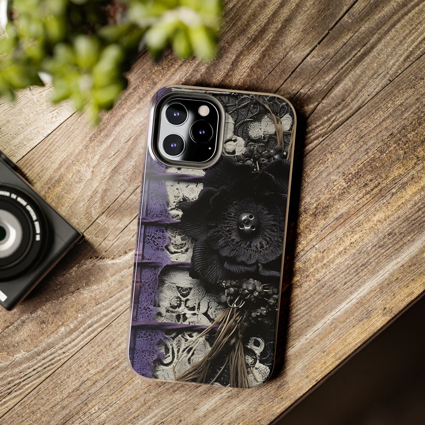 Gothic Skull Floral Tough Phone Case – Black Flower & Purple Accent Protective Cover