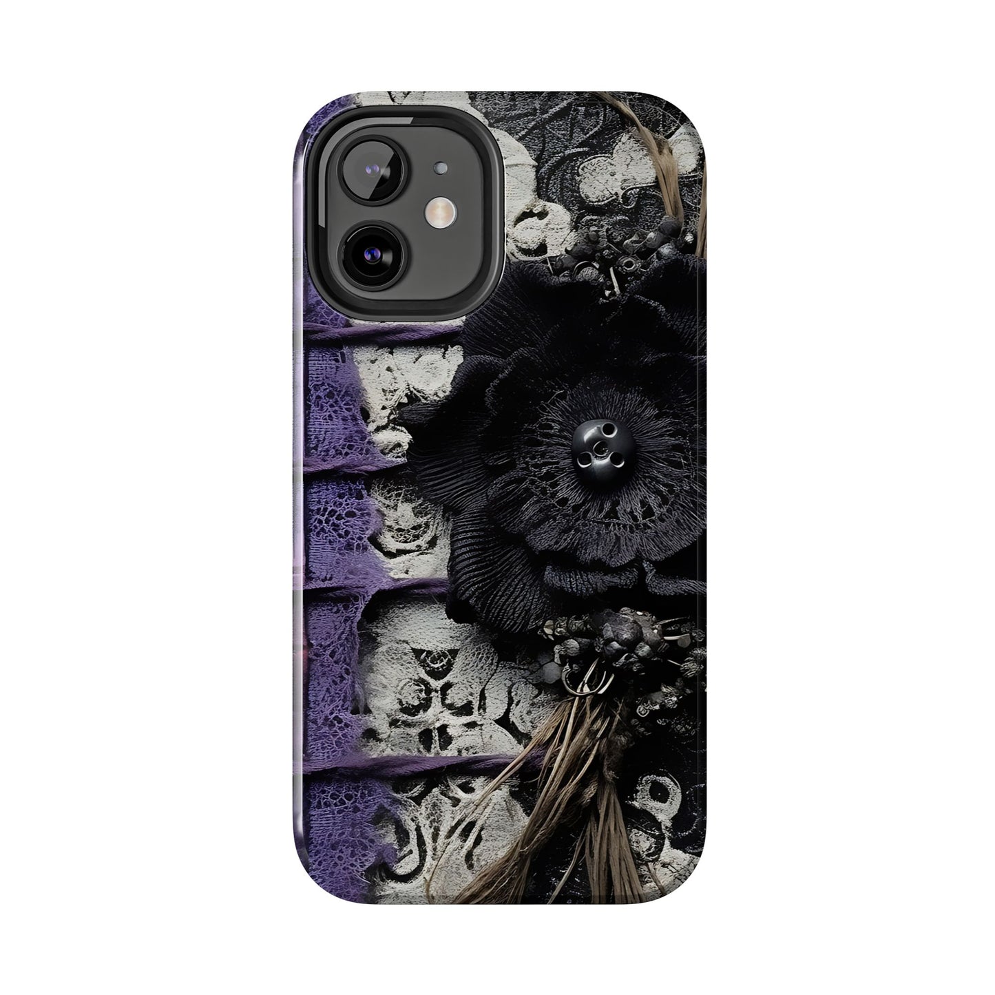 Gothic Skull Floral Tough Phone Case – Black Flower & Purple Accent Protective Cover