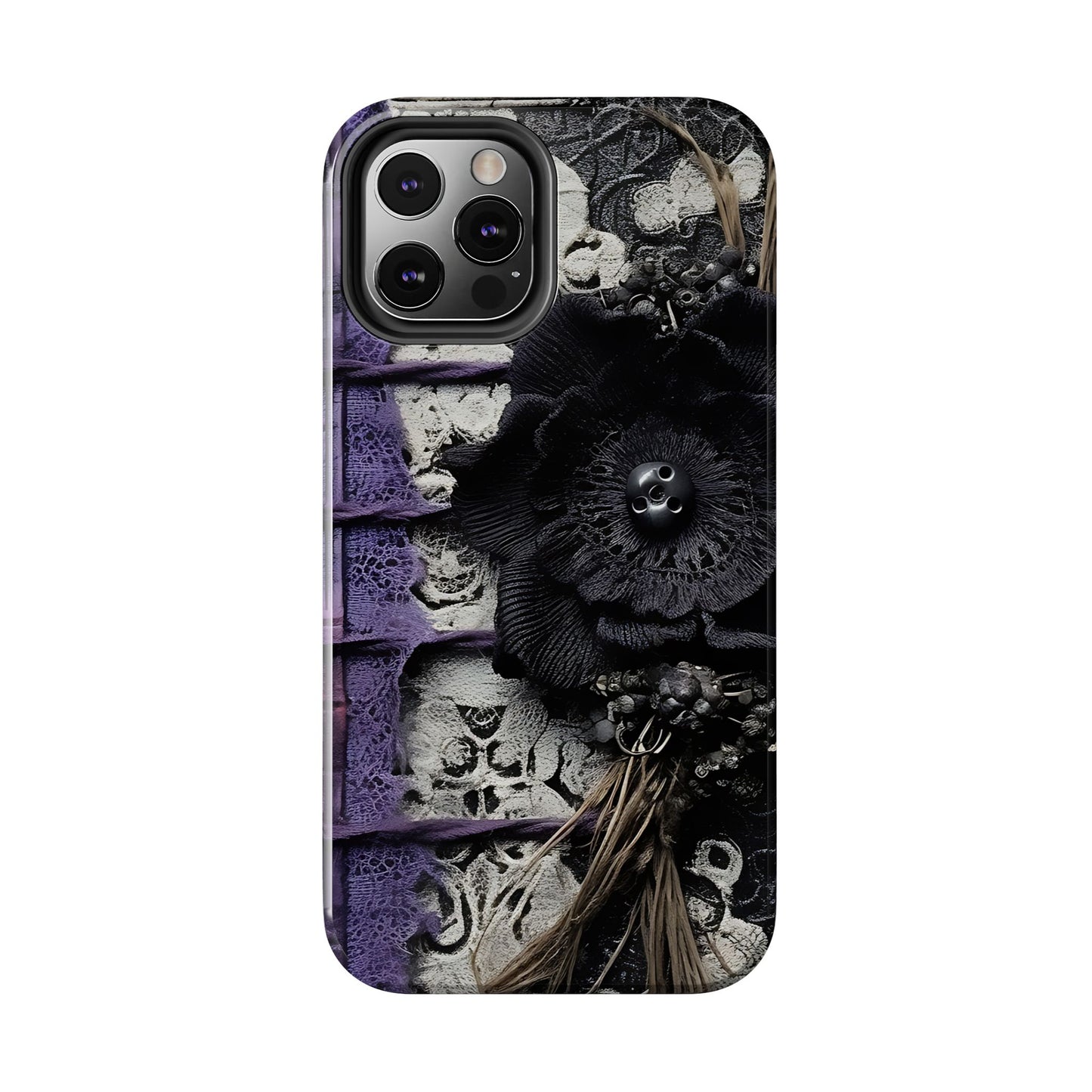 Gothic Skull Floral Tough Phone Case – Black Flower & Purple Accent Protective Cover