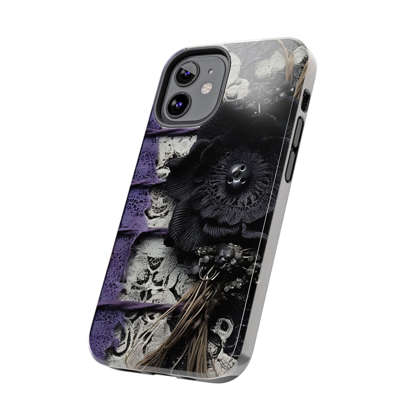 Gothic Skull Floral Tough Phone Case – Black Flower & Purple Accent Protective Cover