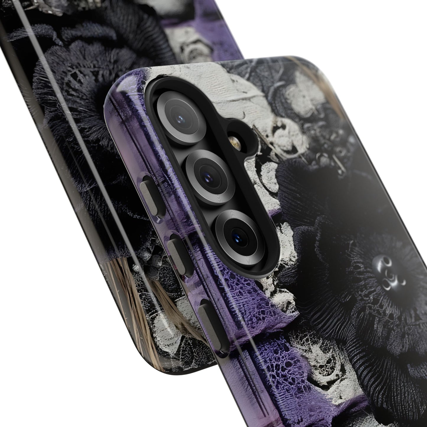 Gothic Skull Floral Tough Phone Case – Black Flower & Purple Accent Protective Cover