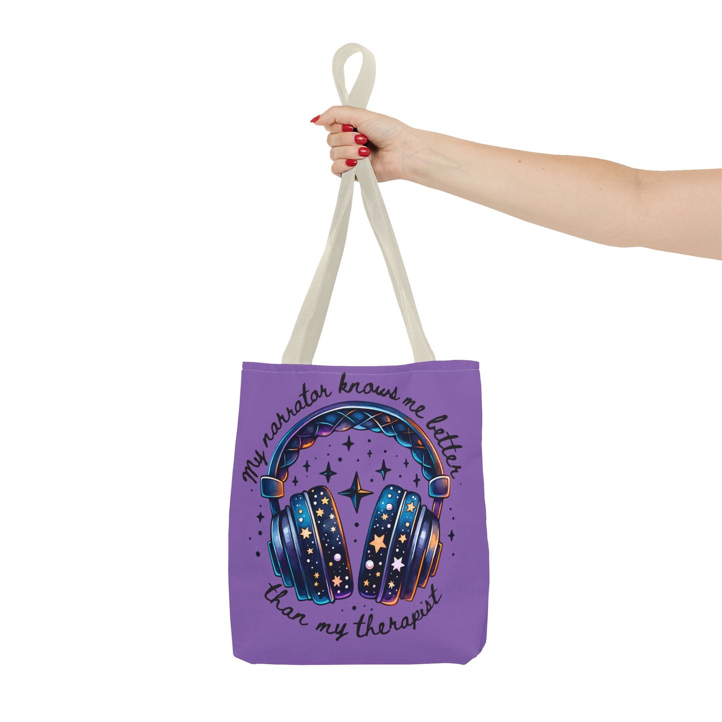 Galaxy Headphones Tote Bag — "My Narrator Knows Me Better Than My Therapist" Book Lover Tote