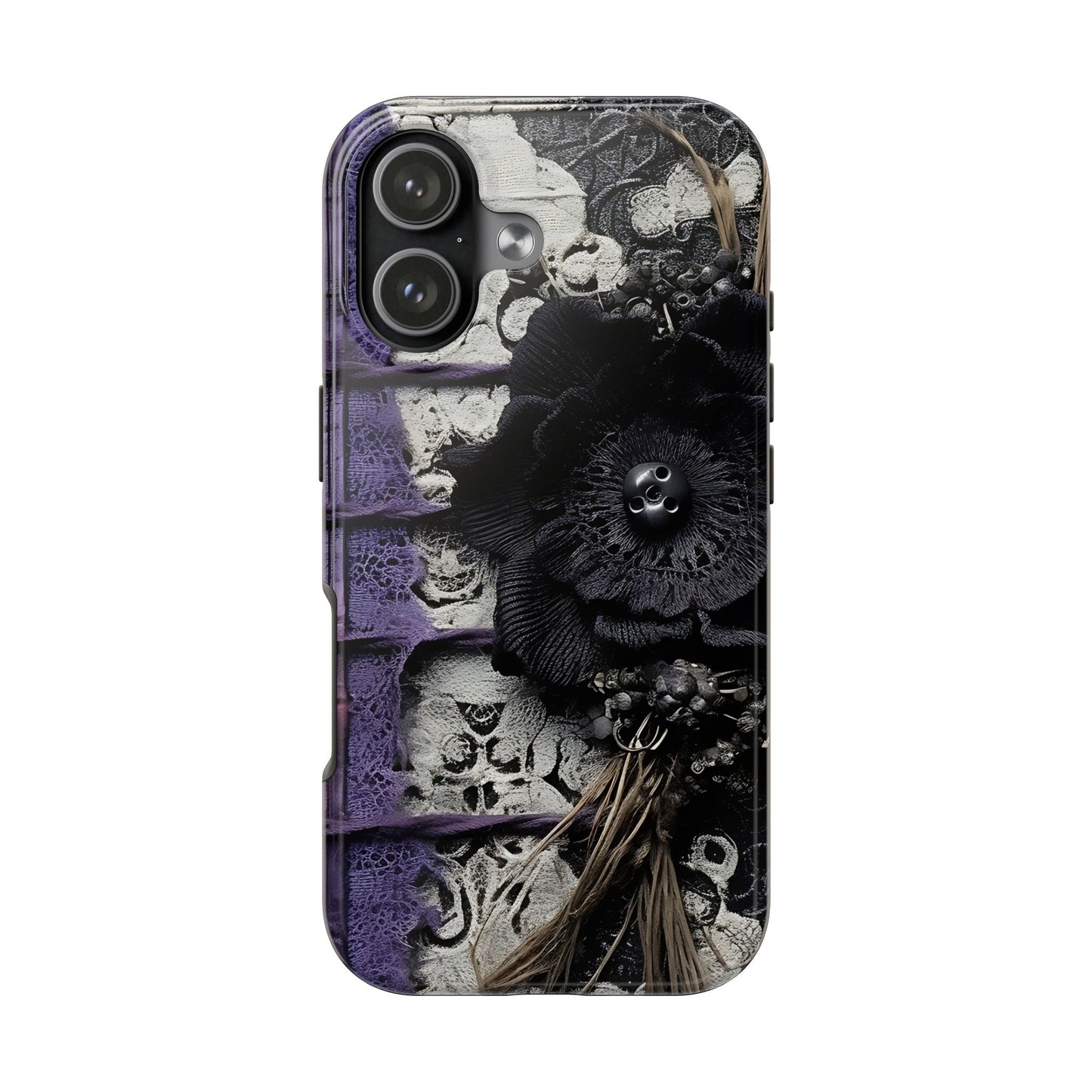 Gothic Skull Floral Tough Phone Case – Black Flower & Purple Accent Protective Cover