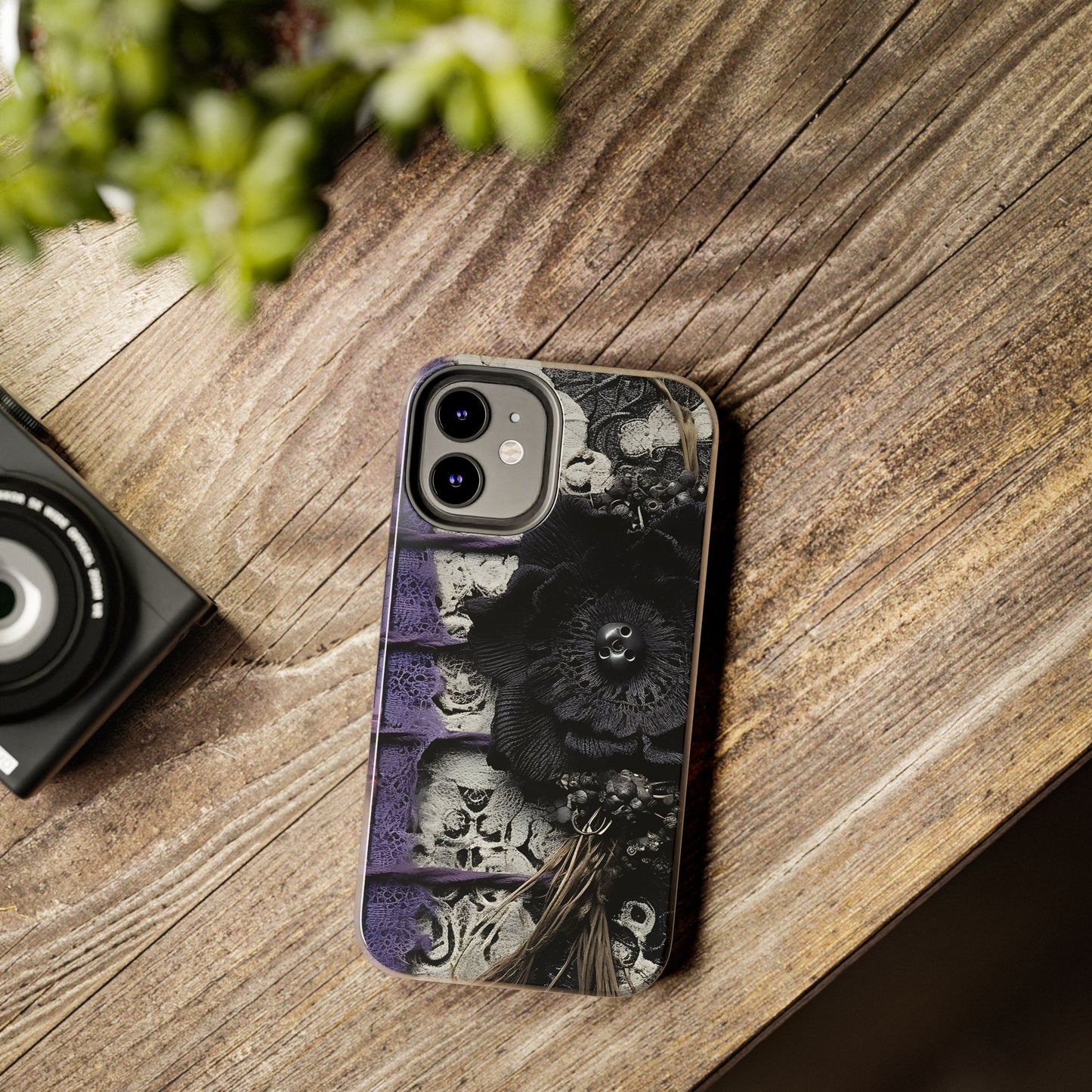 Gothic Skull Floral Tough Phone Case – Black Flower & Purple Accent Protective Cover