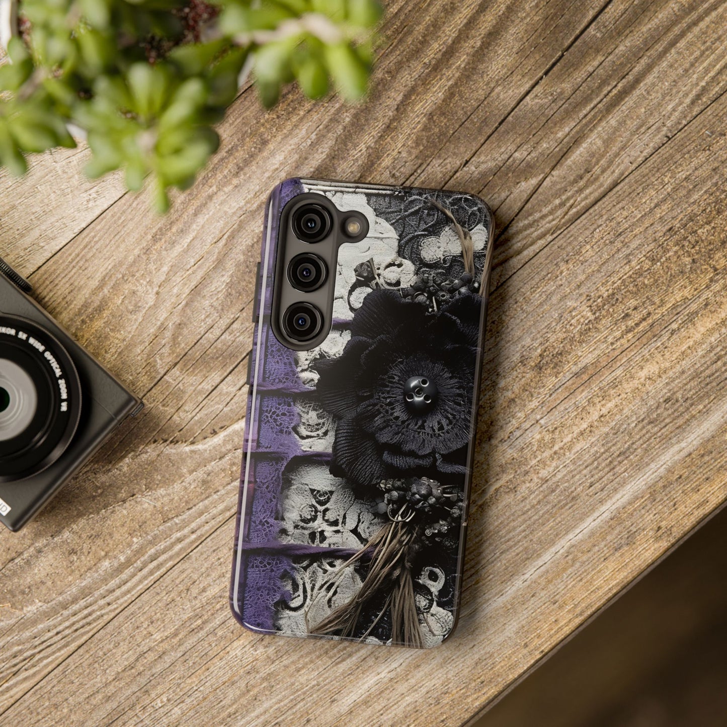 Gothic Skull Floral Tough Phone Case – Black Flower & Purple Accent Protective Cover