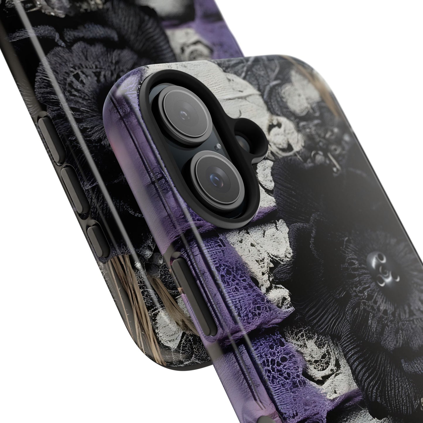 Gothic Skull Floral Tough Phone Case – Black Flower & Purple Accent Protective Cover