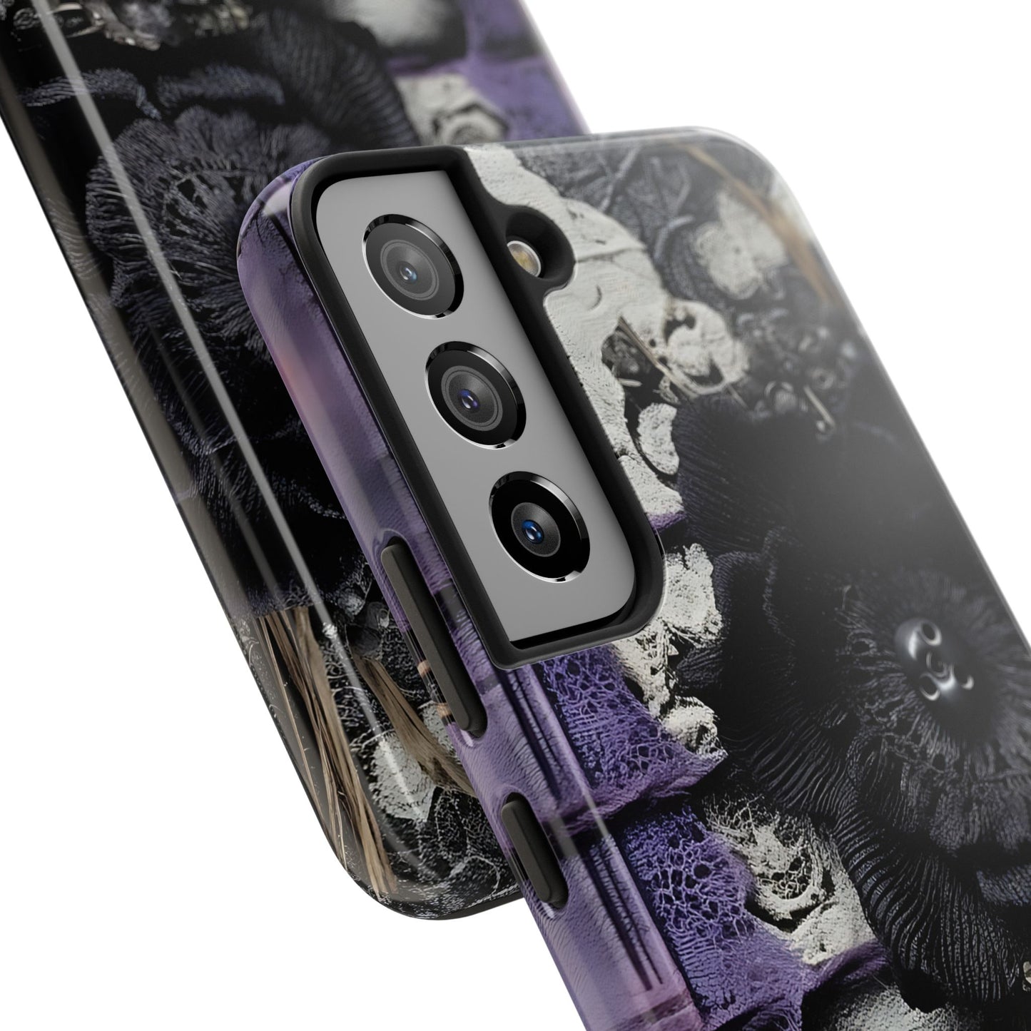 Gothic Skull Floral Tough Phone Case – Black Flower & Purple Accent Protective Cover