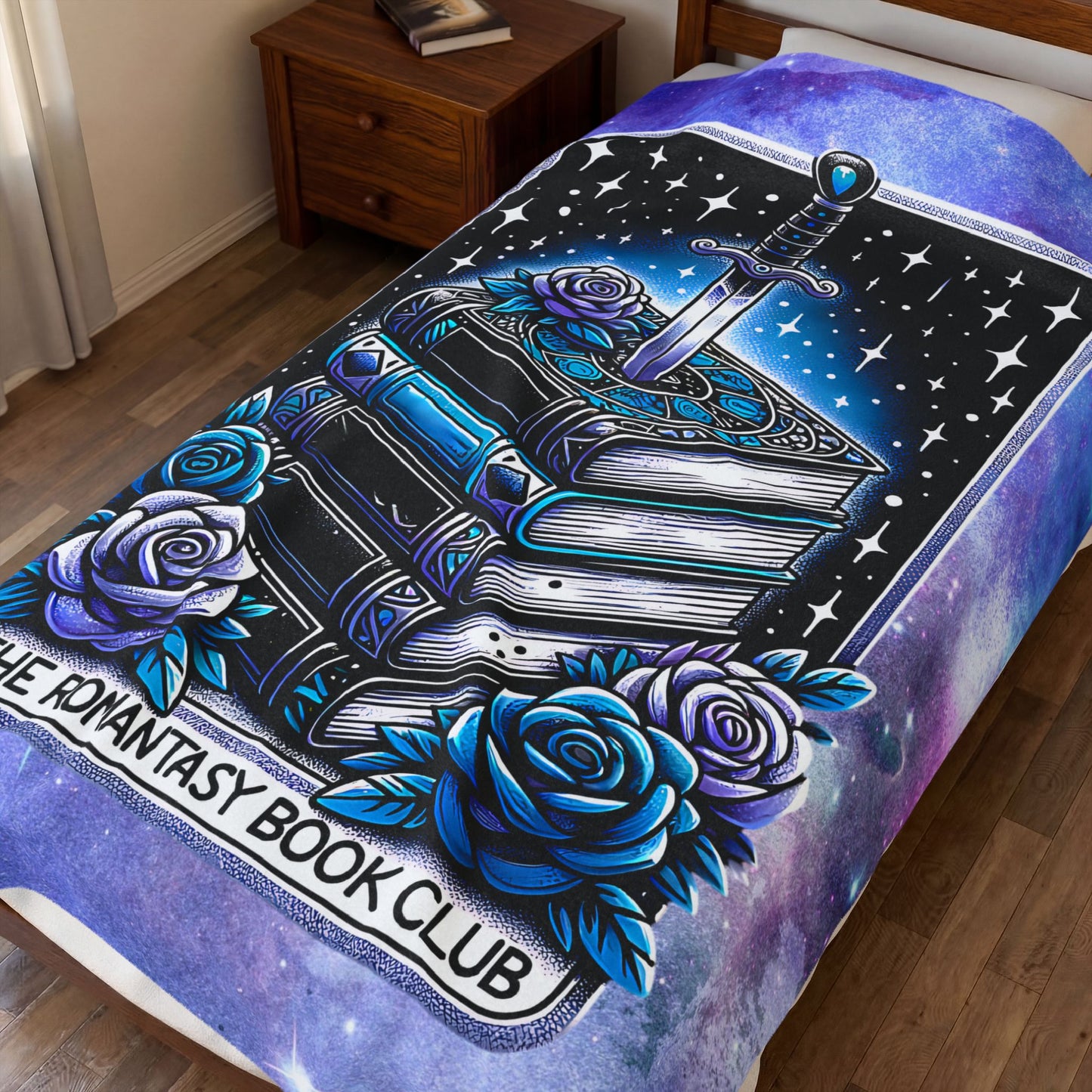 Romantasy Book Club Velveteen Plush Blanket — Fantasy Books & Sword Design