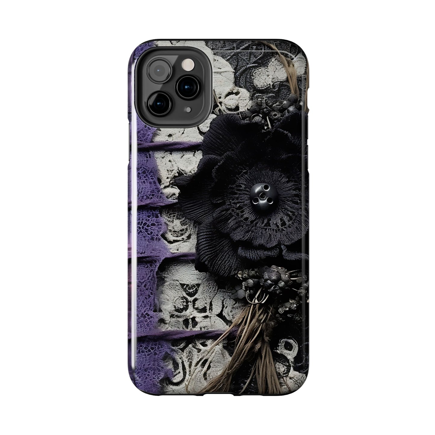 Gothic Skull Floral Tough Phone Case – Black Flower & Purple Accent Protective Cover