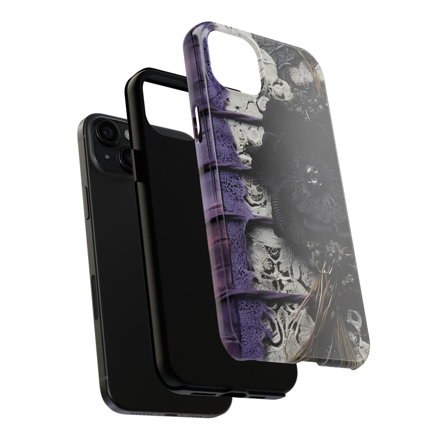 Gothic Skull Floral Tough Phone Case – Black Flower & Purple Accent Protective Cover
