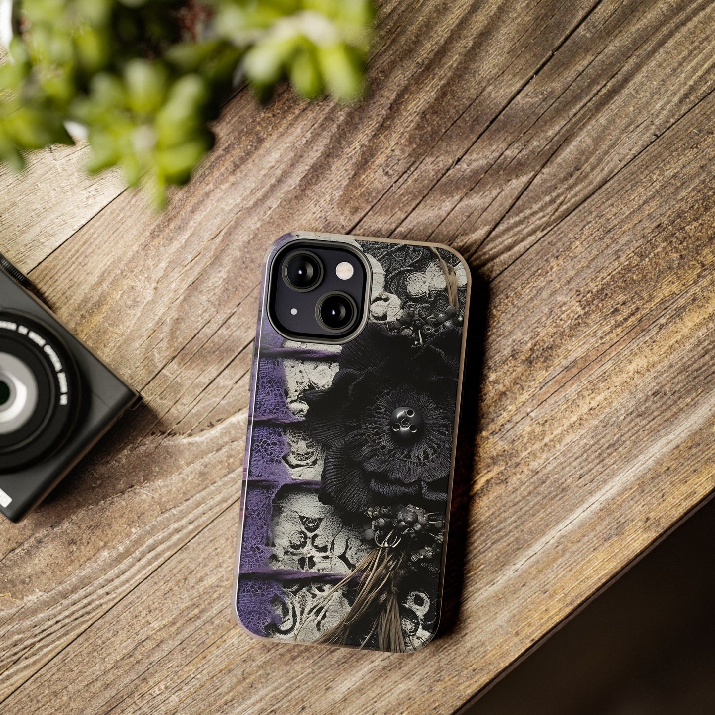 Gothic Skull Floral Tough Phone Case – Black Flower & Purple Accent Protective Cover