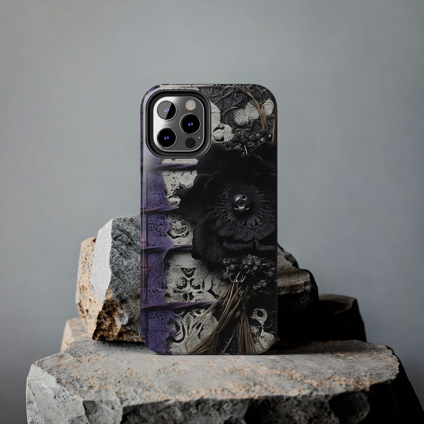 Gothic Skull Floral Tough Phone Case – Black Flower & Purple Accent Protective Cover