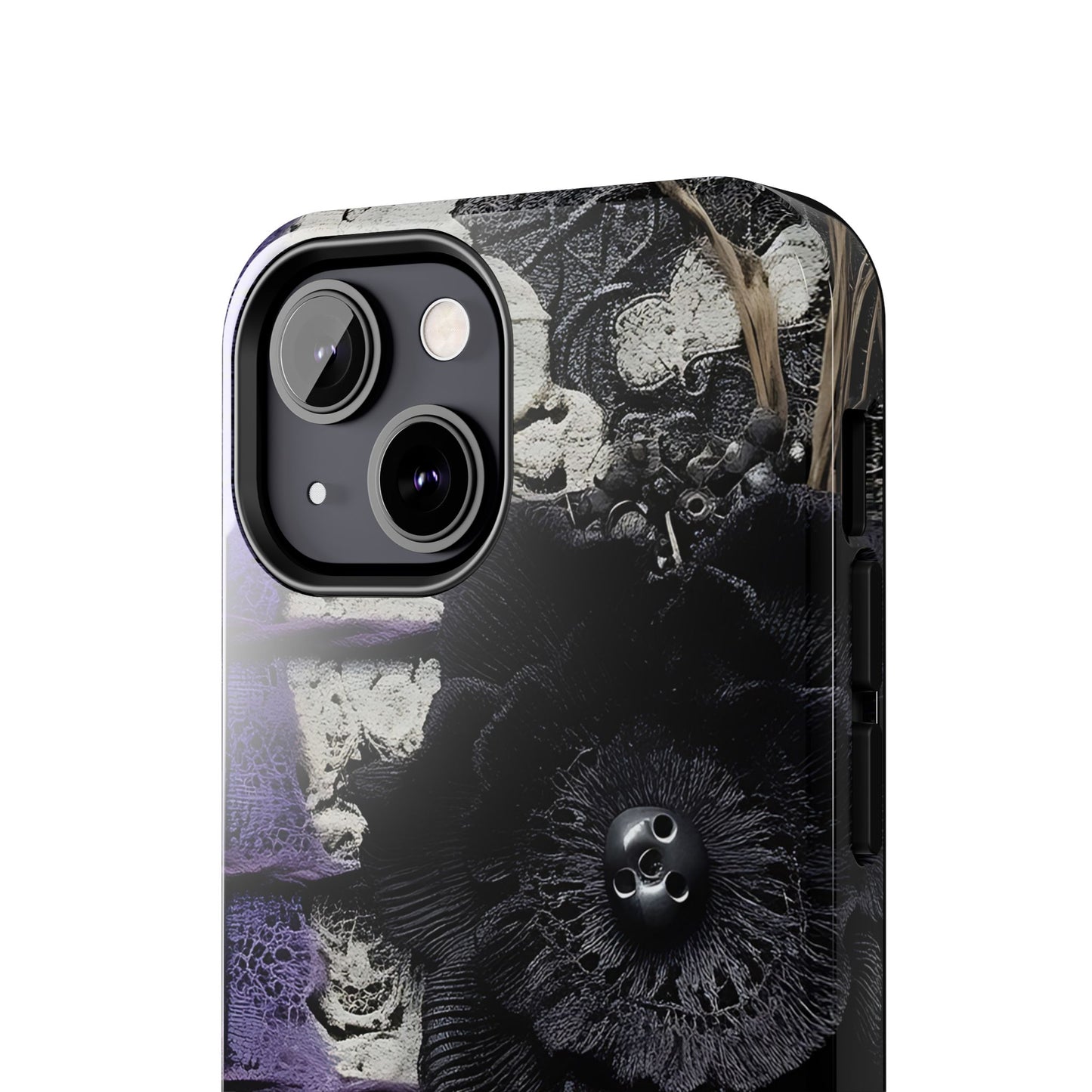Gothic Skull Floral Tough Phone Case – Black Flower & Purple Accent Protective Cover