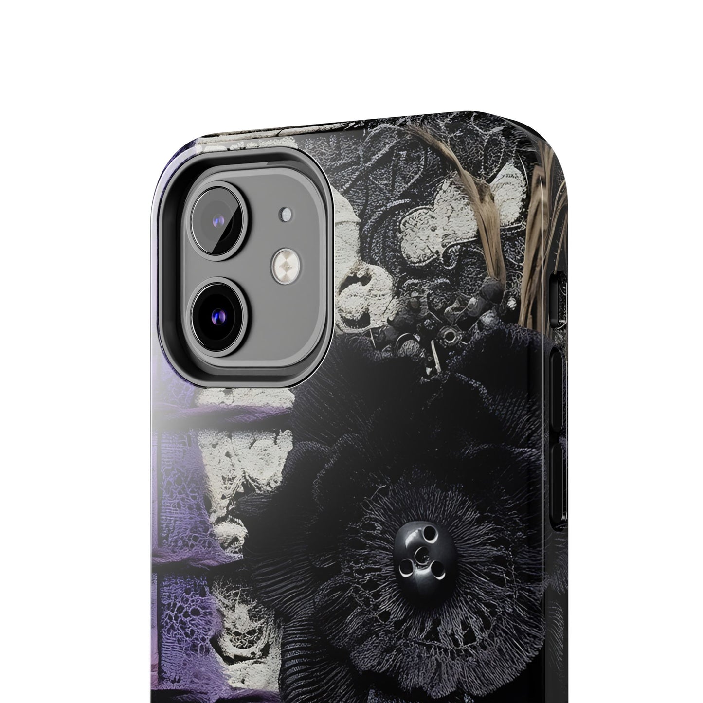 Gothic Skull Floral Tough Phone Case – Black Flower & Purple Accent Protective Cover