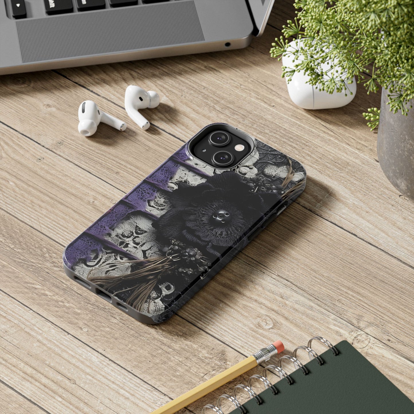 Gothic Skull Floral Tough Phone Case – Black Flower & Purple Accent Protective Cover