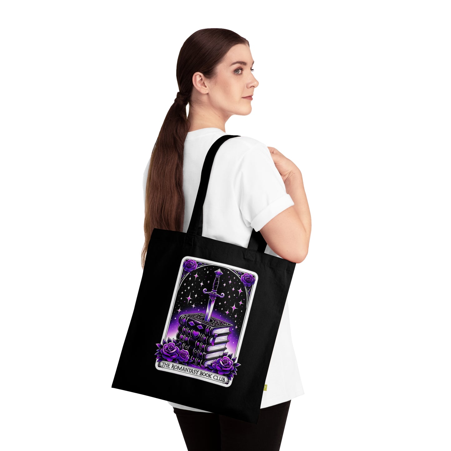 Romantic Fantasy Book Club Tote — Gothic Sword & Stacked Books Organic Cotton Tote