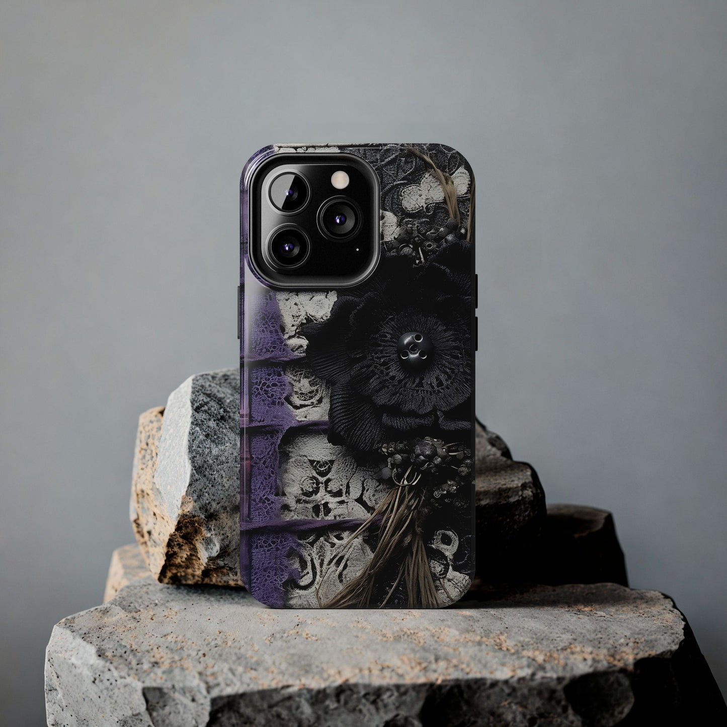 Gothic Skull Floral Tough Phone Case – Black Flower & Purple Accent Protective Cover