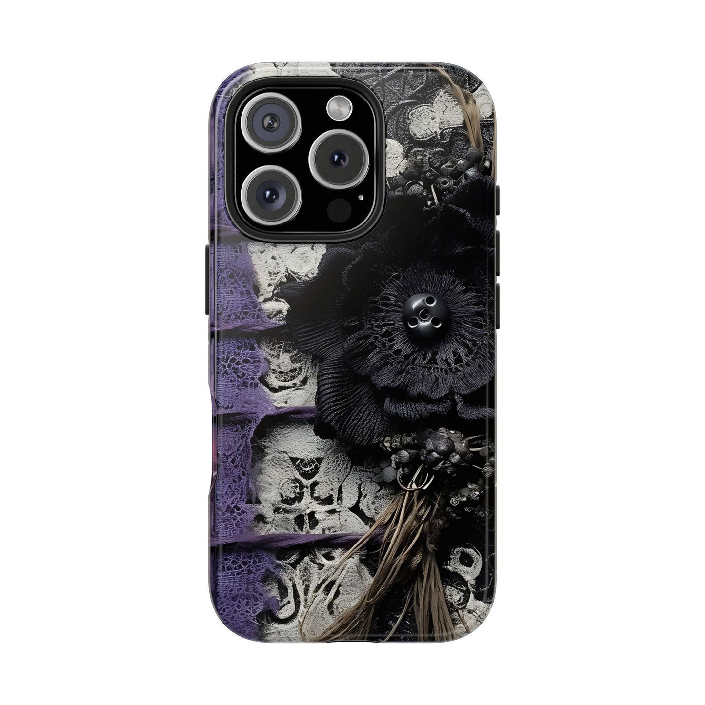 Gothic Skull Floral Tough Phone Case – Black Flower & Purple Accent Protective Cover