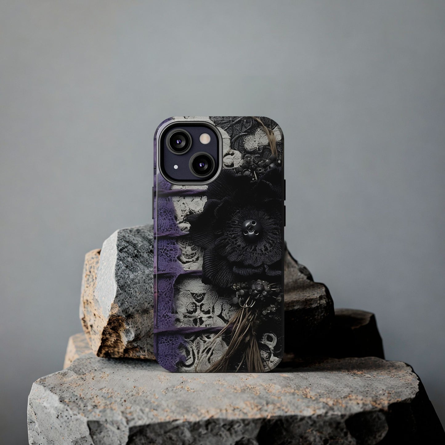 Gothic Skull Floral Tough Phone Case – Black Flower & Purple Accent Protective Cover