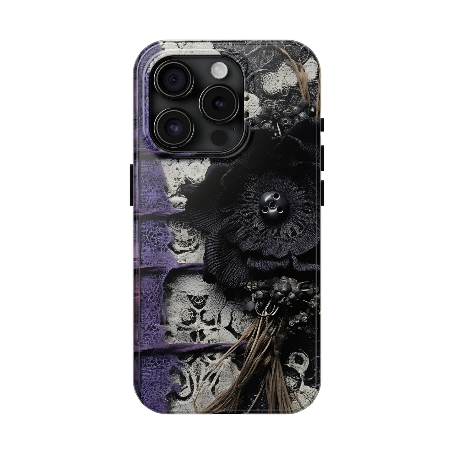 Gothic Skull Floral Tough Phone Case – Black Flower & Purple Accent Protective Cover