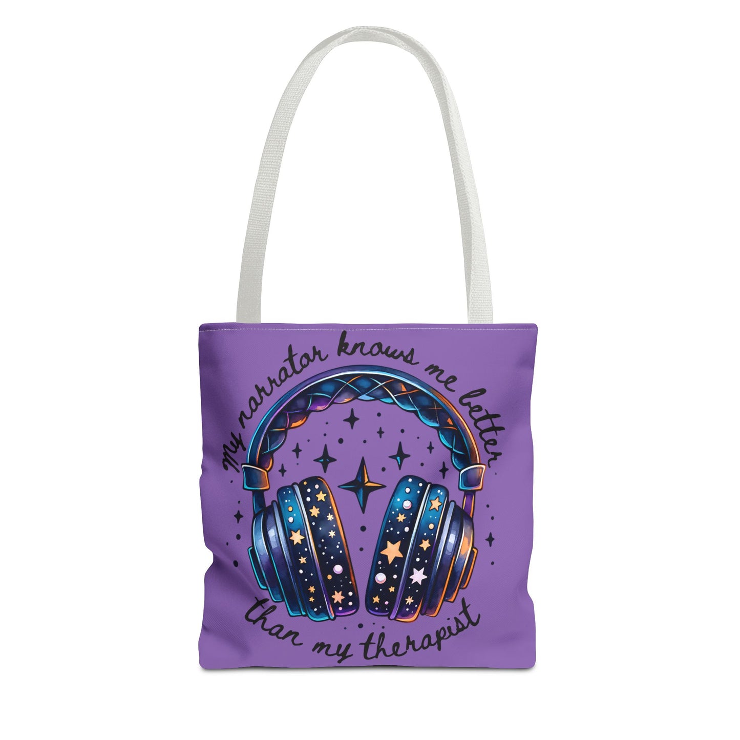 Galaxy Headphones Tote Bag — "My Narrator Knows Me Better Than My Therapist" Book Lover Tote