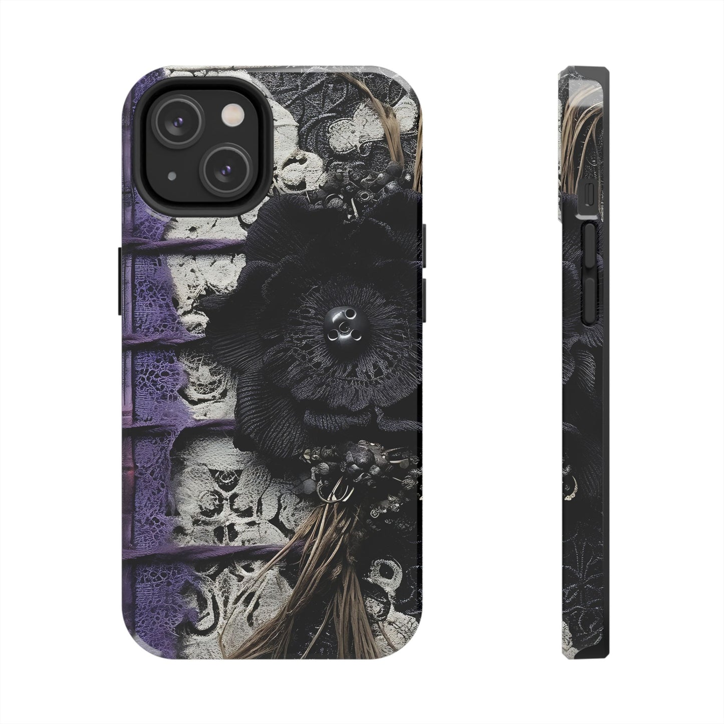 Gothic Skull Floral Tough Phone Case – Black Flower & Purple Accent Protective Cover