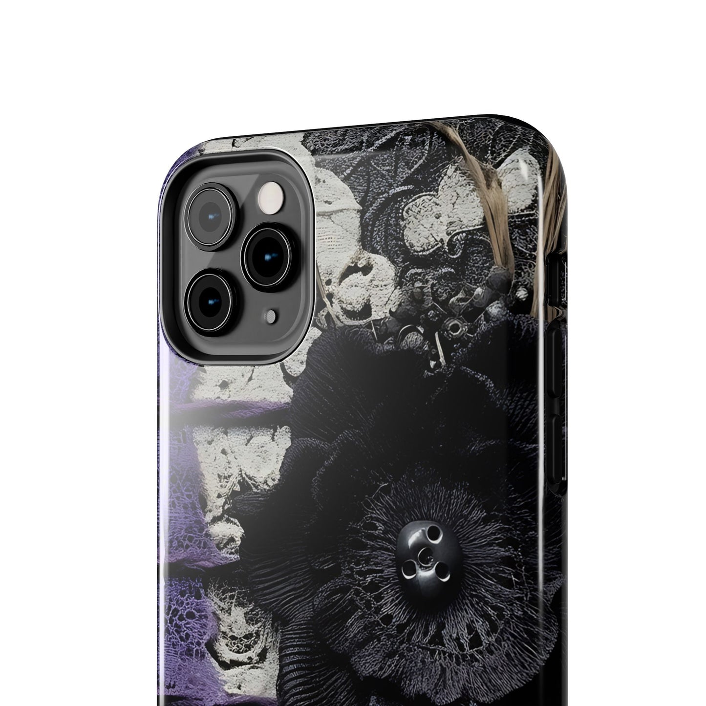Gothic Skull Floral Tough Phone Case – Black Flower & Purple Accent Protective Cover