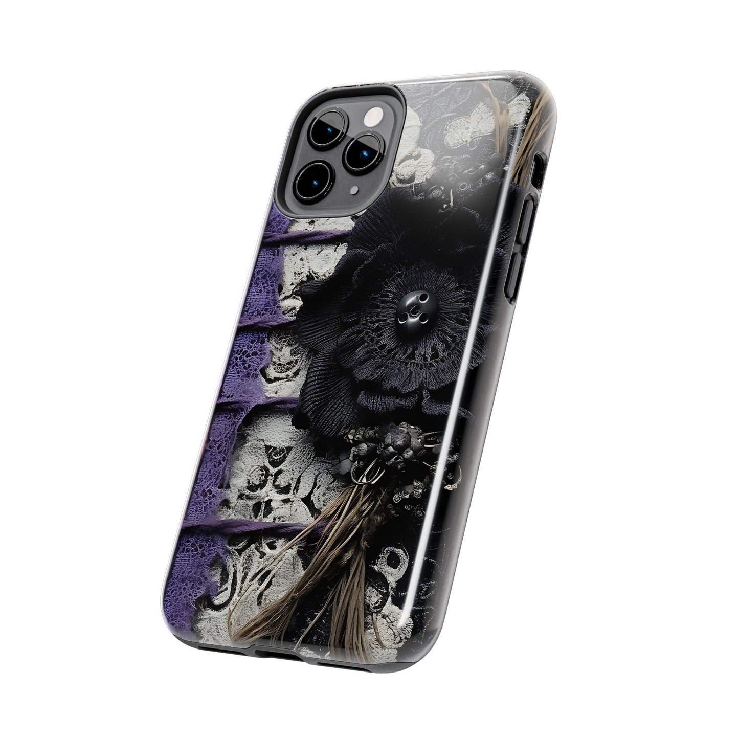 Gothic Skull Floral Tough Phone Case – Black Flower & Purple Accent Protective Cover