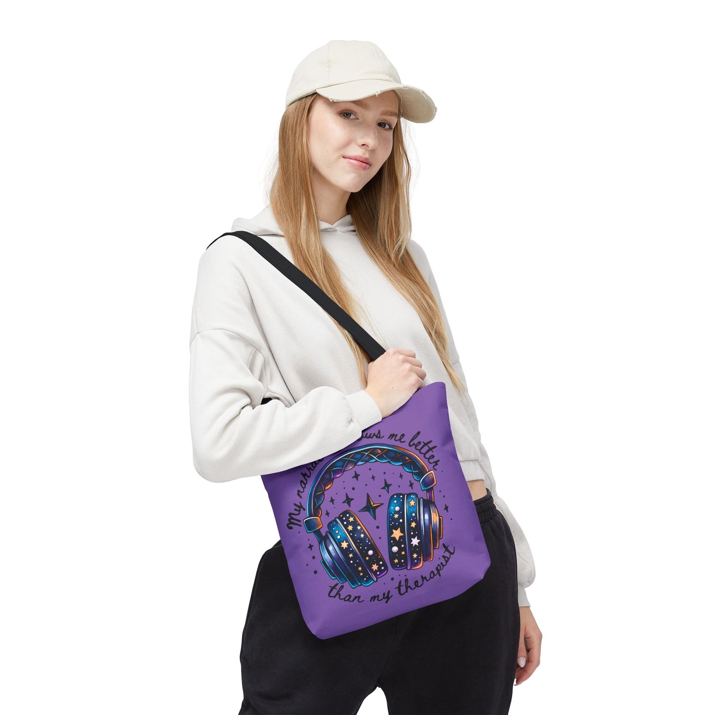 Galaxy Headphones Tote Bag — "My Narrator Knows Me Better Than My Therapist" Book Lover Tote