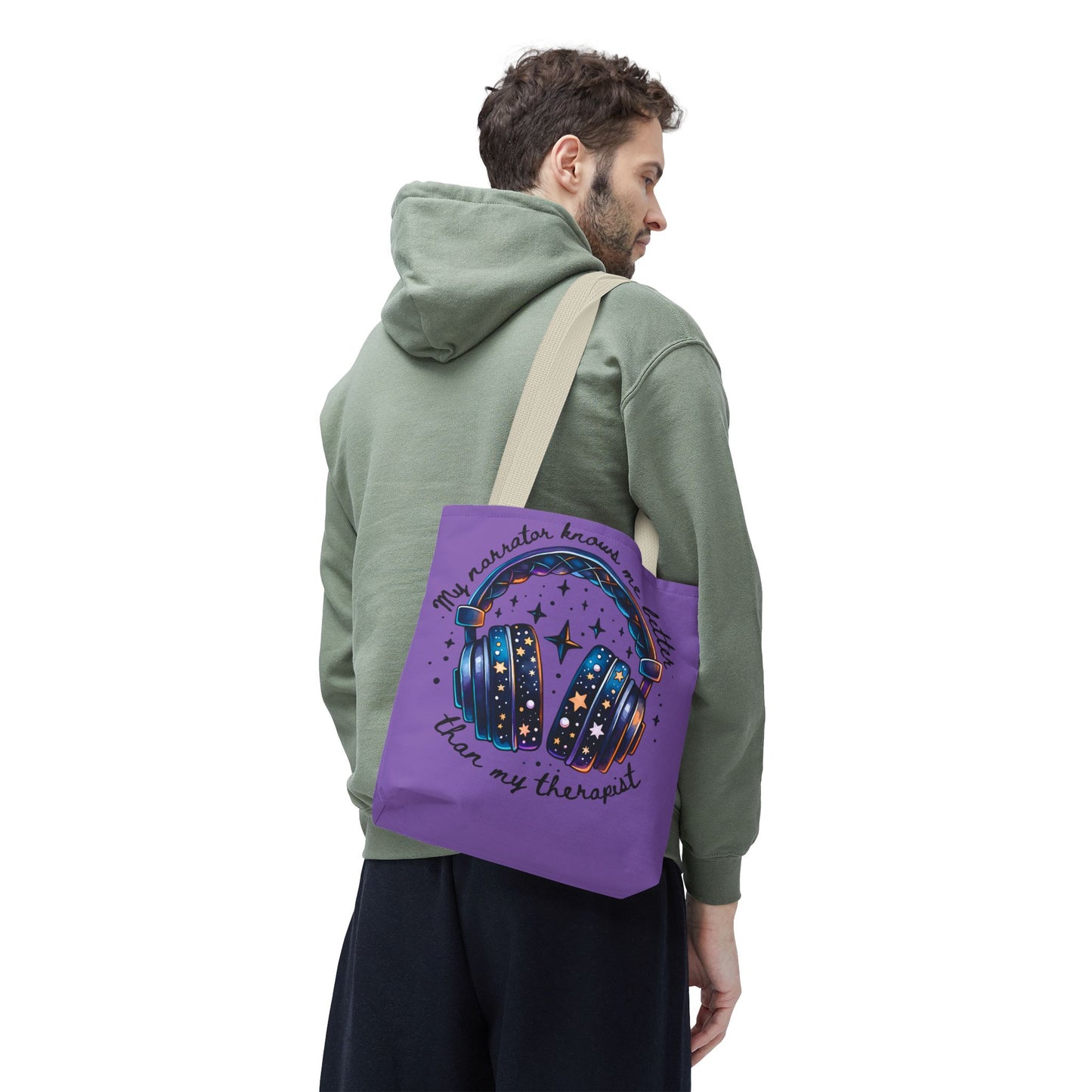 Galaxy Headphones Tote Bag — "My Narrator Knows Me Better Than My Therapist" Book Lover Tote