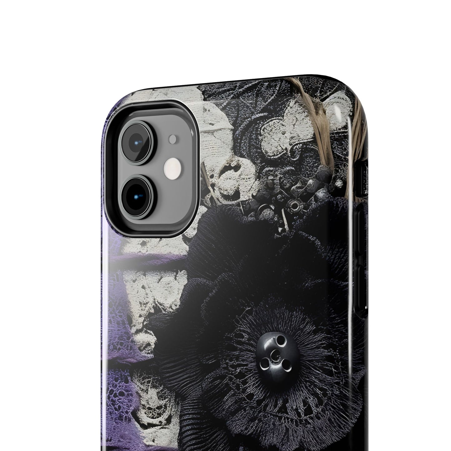 Gothic Skull Floral Tough Phone Case – Black Flower & Purple Accent Protective Cover