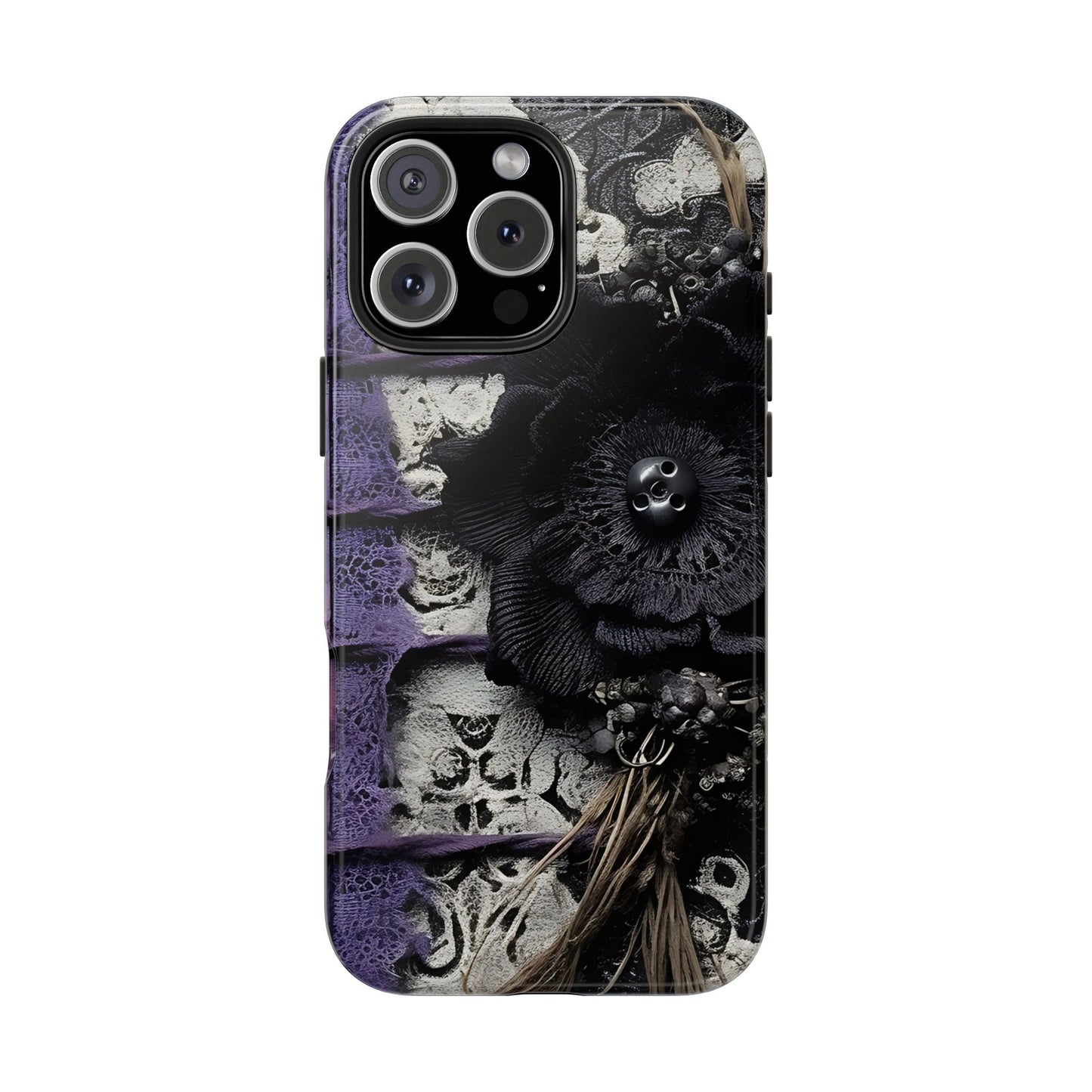 Gothic Skull Floral Tough Phone Case – Black Flower & Purple Accent Protective Cover