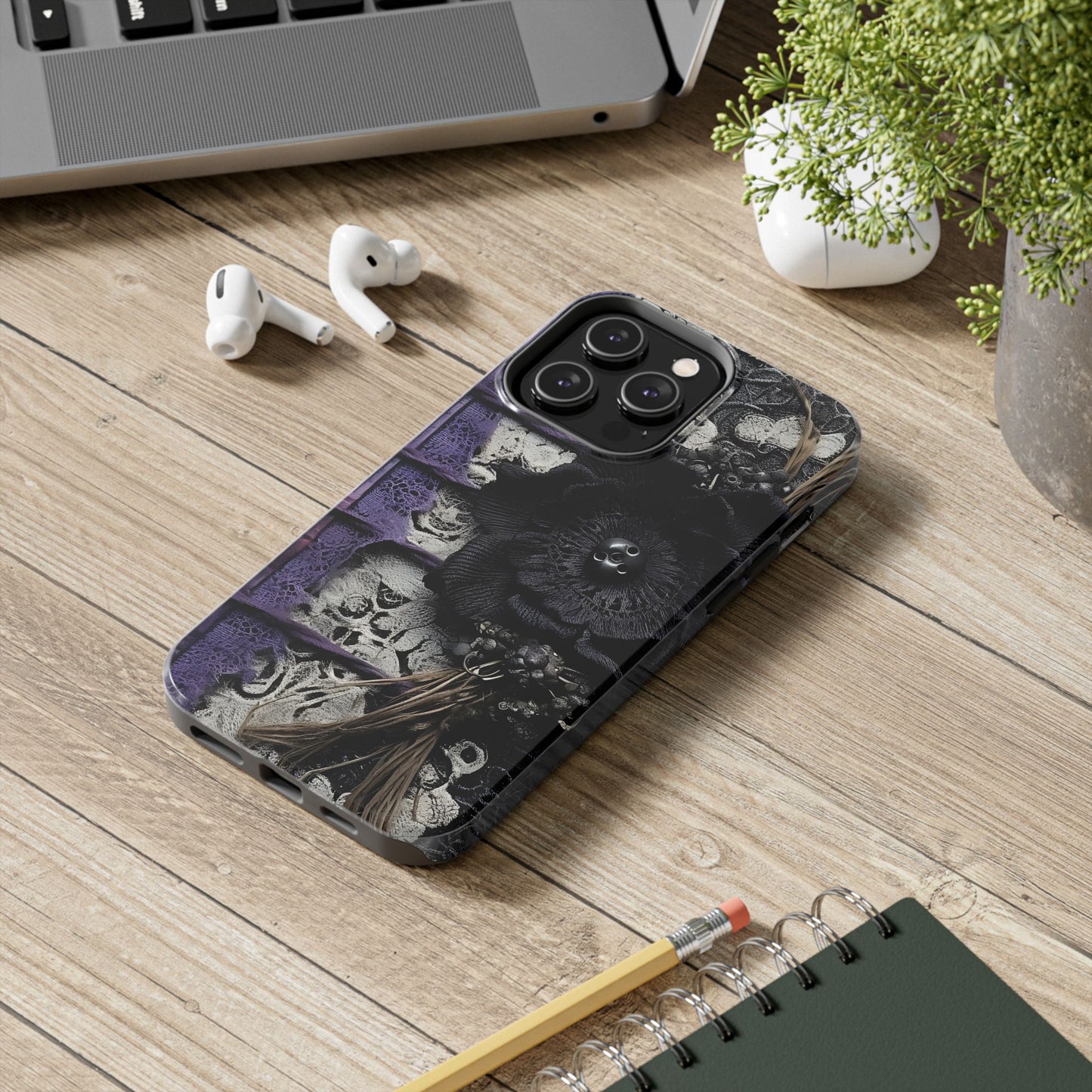 Gothic Skull Floral Tough Phone Case – Black Flower & Purple Accent Protective Cover