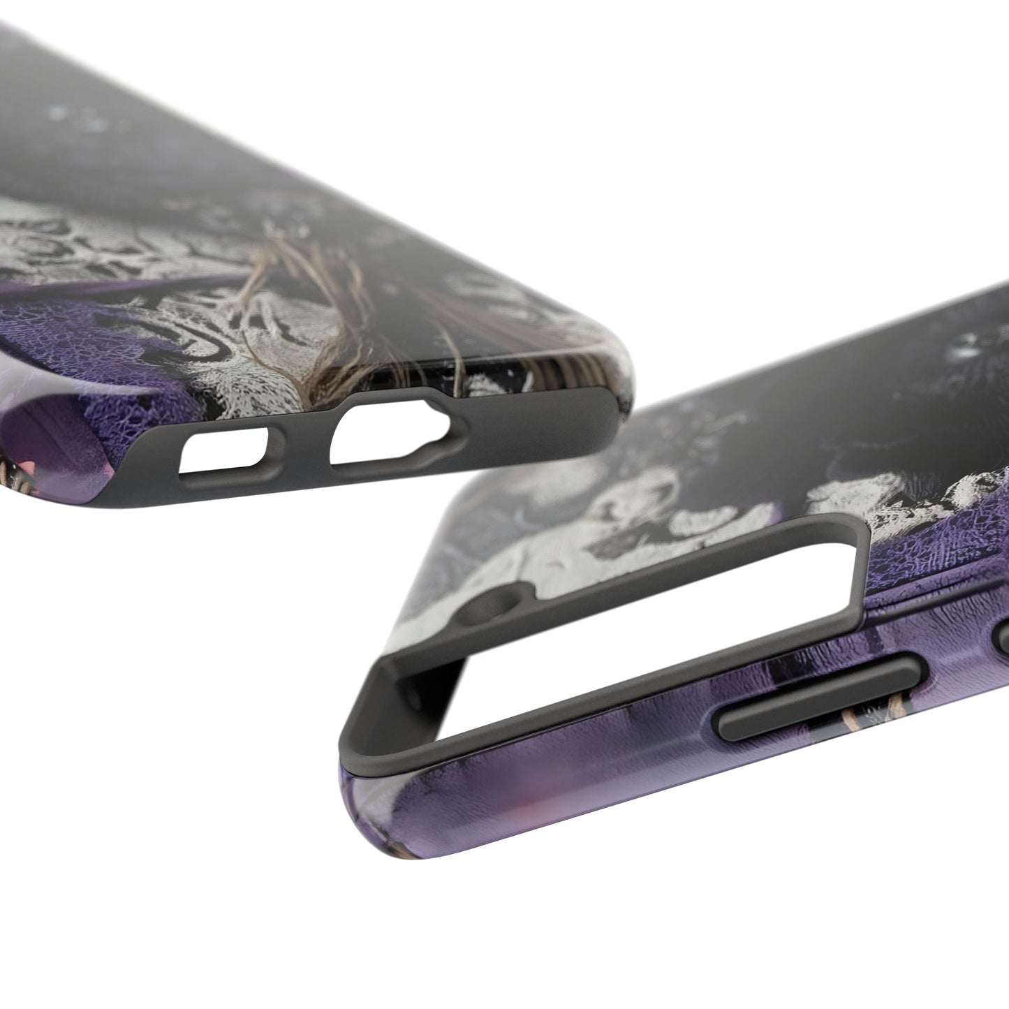 Gothic Skull Floral Tough Phone Case – Black Flower & Purple Accent Protective Cover