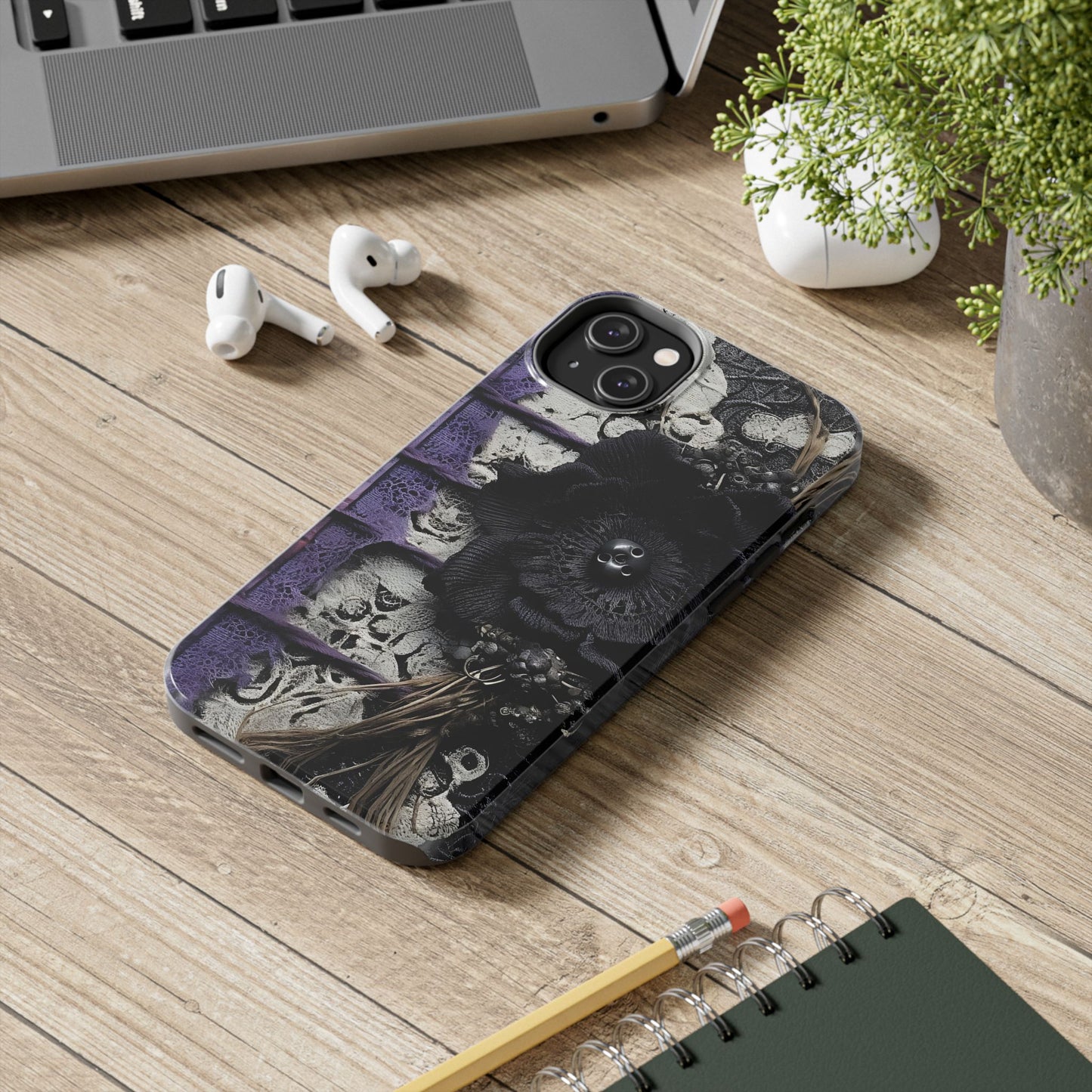 Gothic Skull Floral Tough Phone Case – Black Flower & Purple Accent Protective Cover