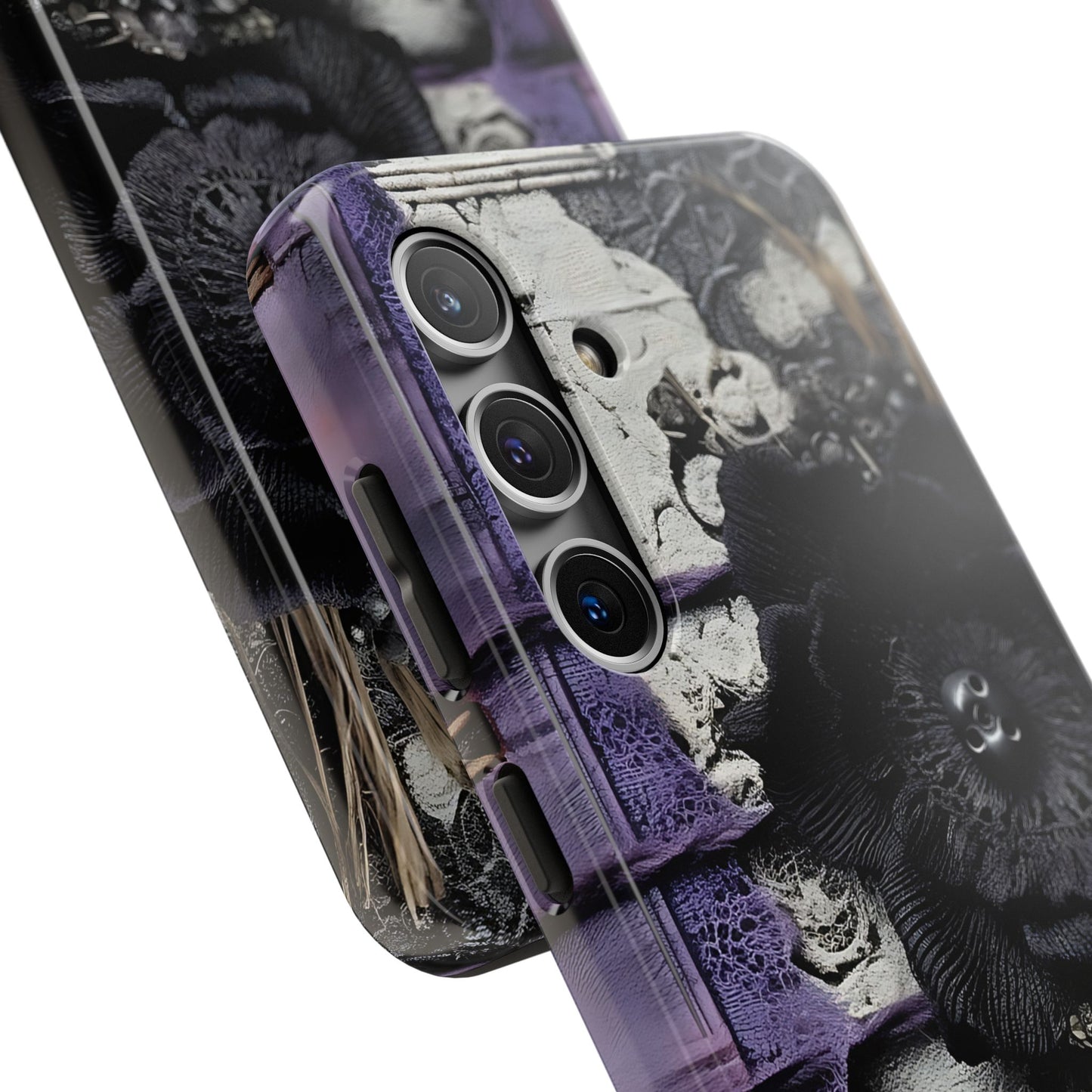 Gothic Skull Floral Tough Phone Case – Black Flower & Purple Accent Protective Cover