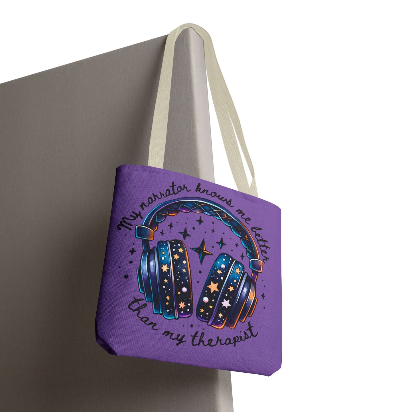 Galaxy Headphones Tote Bag — "My Narrator Knows Me Better Than My Therapist" Book Lover Tote