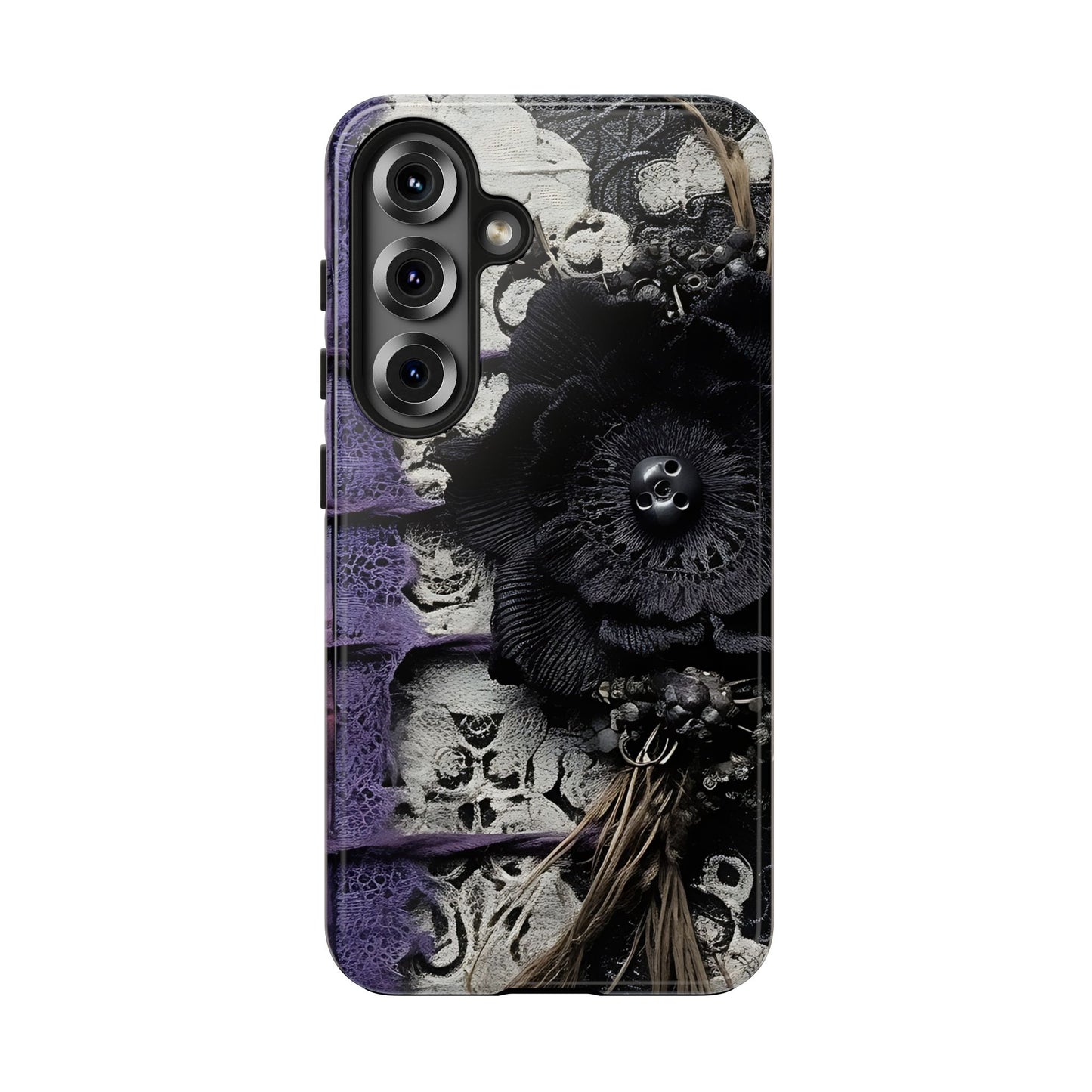 Gothic Skull Floral Tough Phone Case – Black Flower & Purple Accent Protective Cover