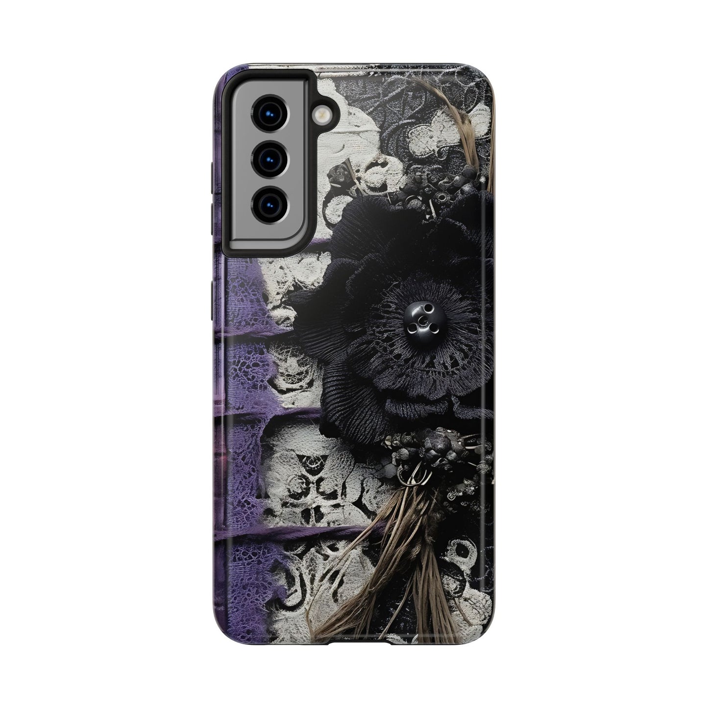 Gothic Skull Floral Tough Phone Case – Black Flower & Purple Accent Protective Cover