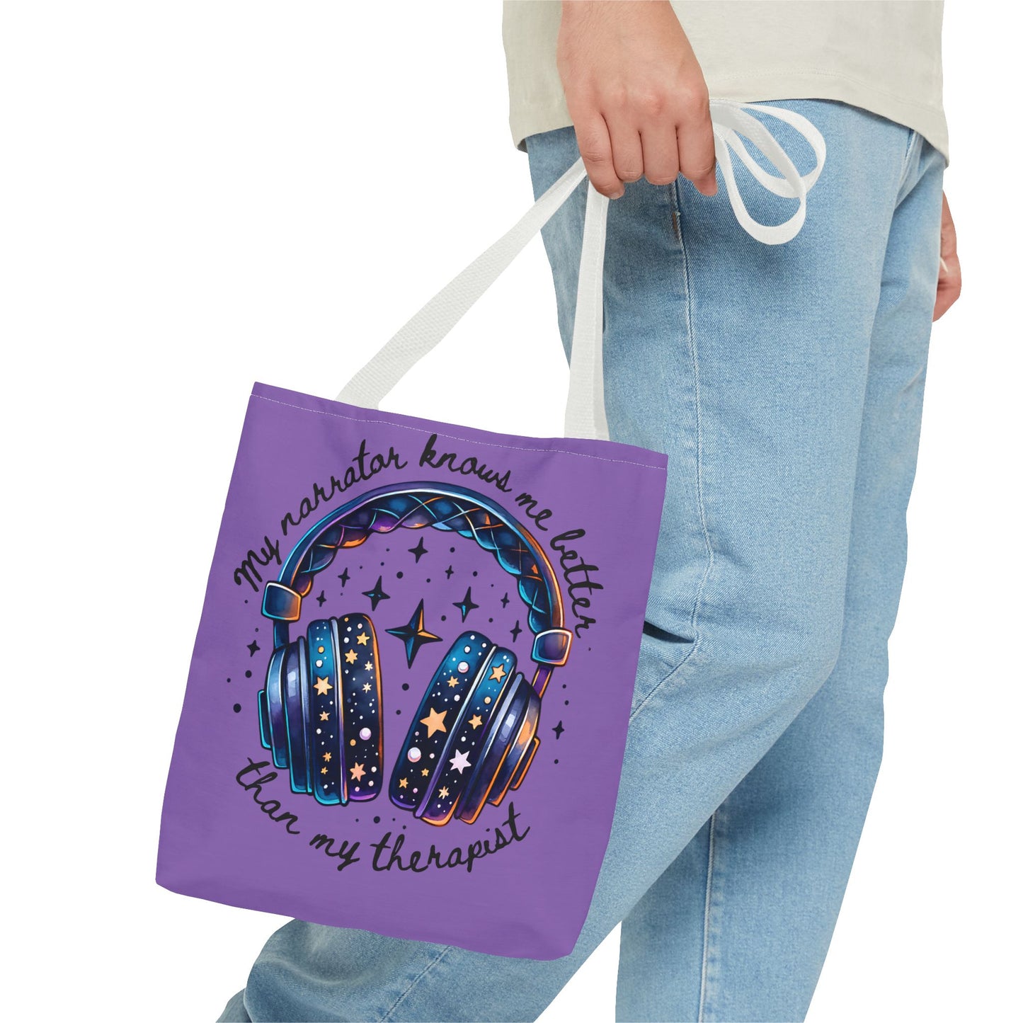 Galaxy Headphones Tote Bag — "My Narrator Knows Me Better Than My Therapist" Book Lover Tote