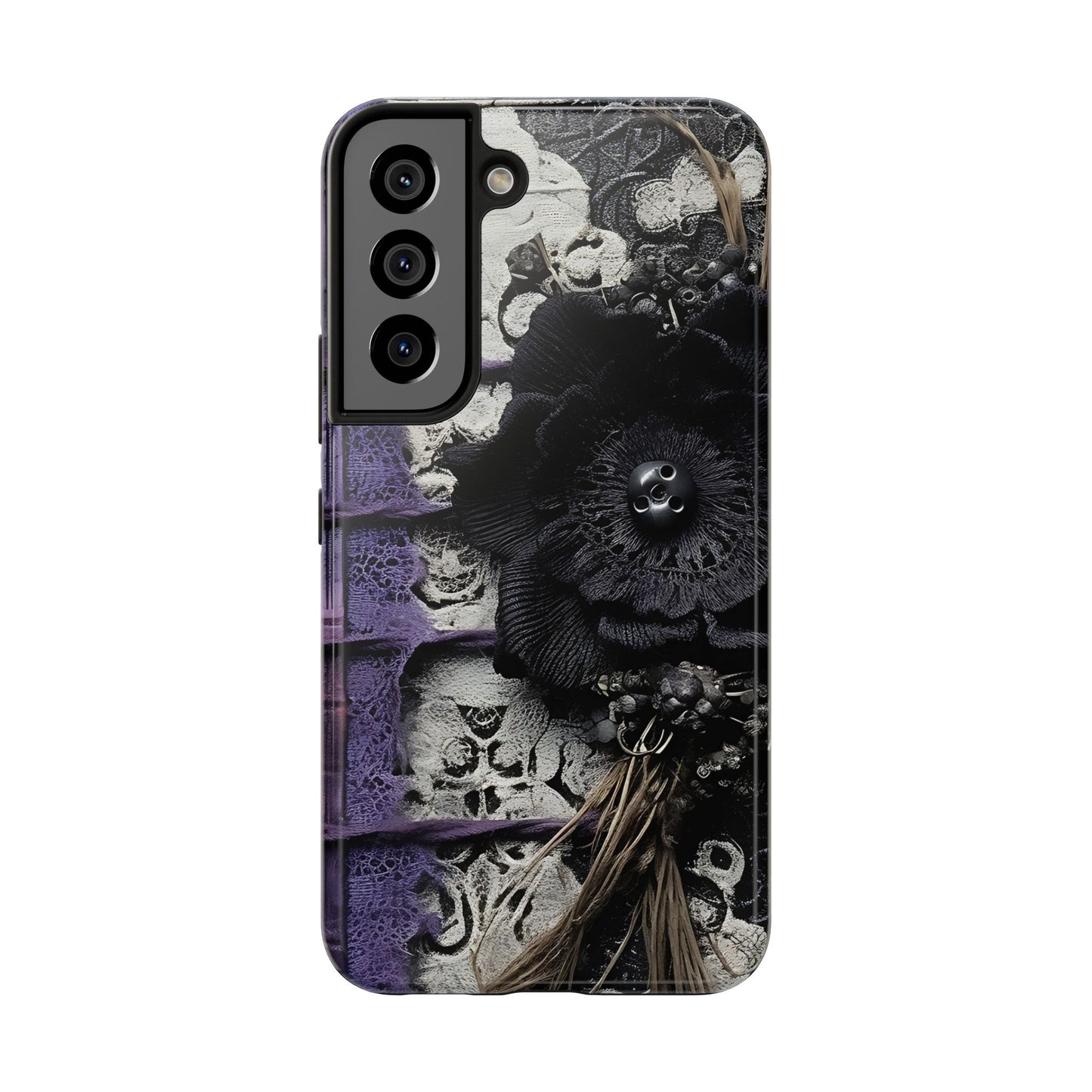 Gothic Skull Floral Tough Phone Case – Black Flower & Purple Accent Protective Cover