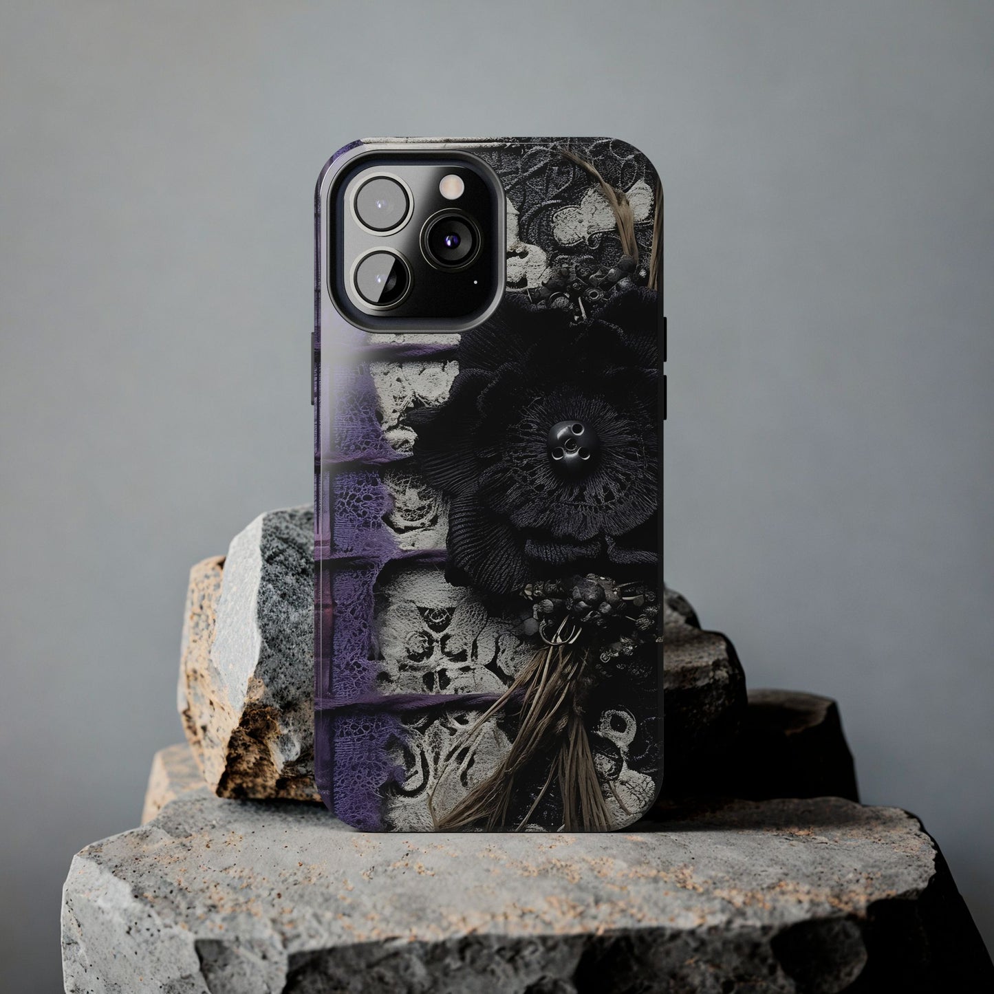 Gothic Skull Floral Tough Phone Case – Black Flower & Purple Accent Protective Cover
